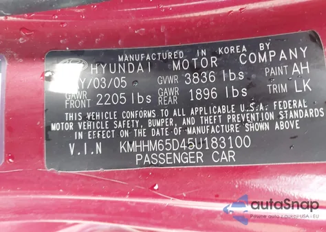 2005 Hyundai Tiburon Gs z USA, uszkodzony, nr VIN KMHHM65D45U183100